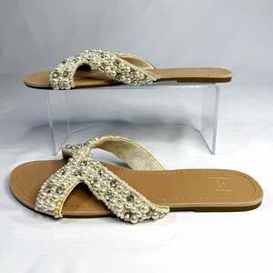 DB Studio Women's Beige Synthetic Slide Sandals Beaded Slip-On US 9.5